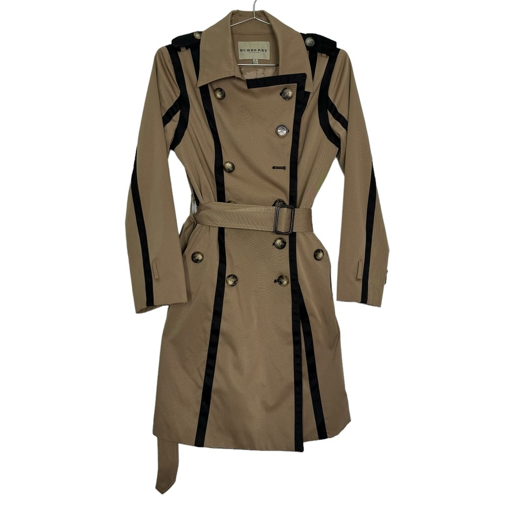 Burberry London Camel Tan Black Contrast Trench Coat Belted Double Breasted